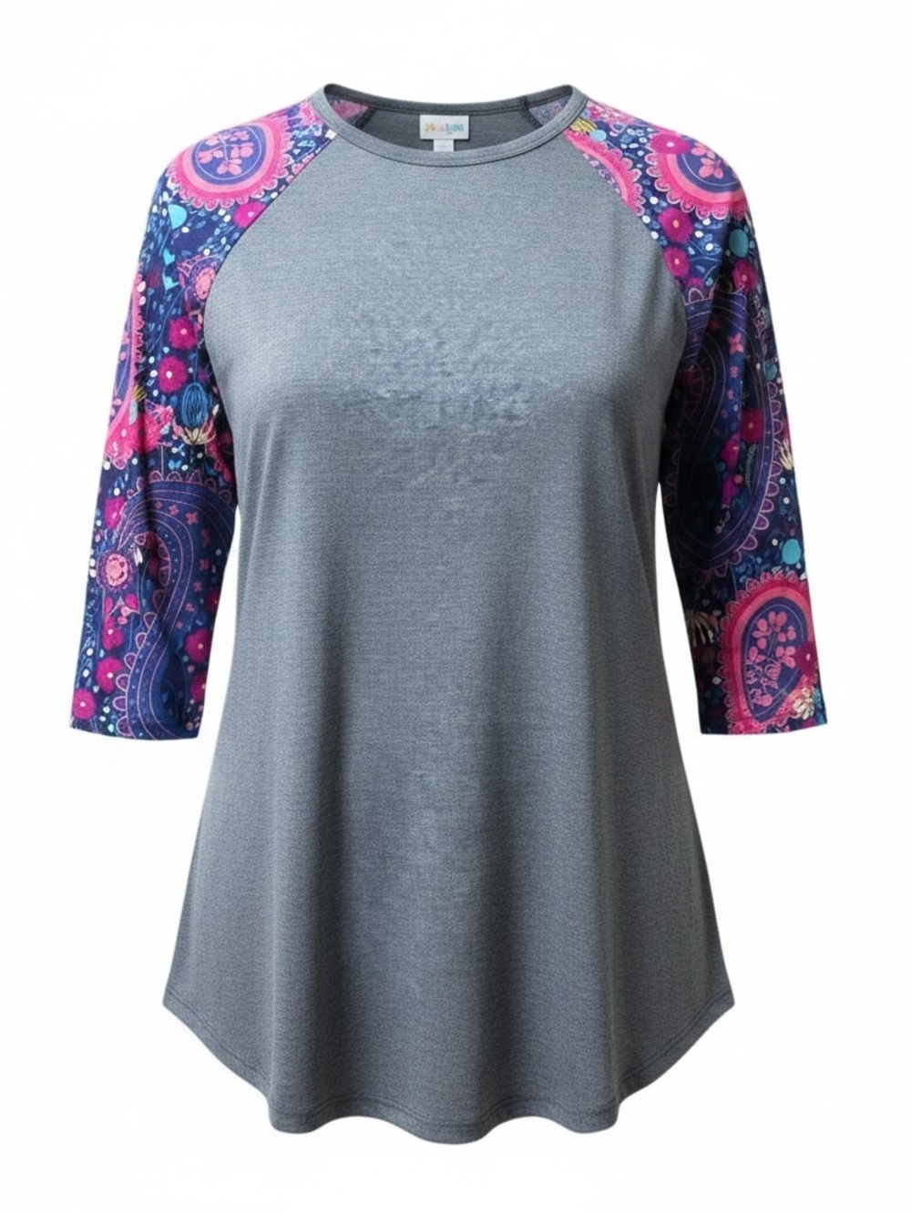 LULAROE | Randy Tee Plus Size Gray Pink Blue Paisley Raglan Baseball Top | 2X